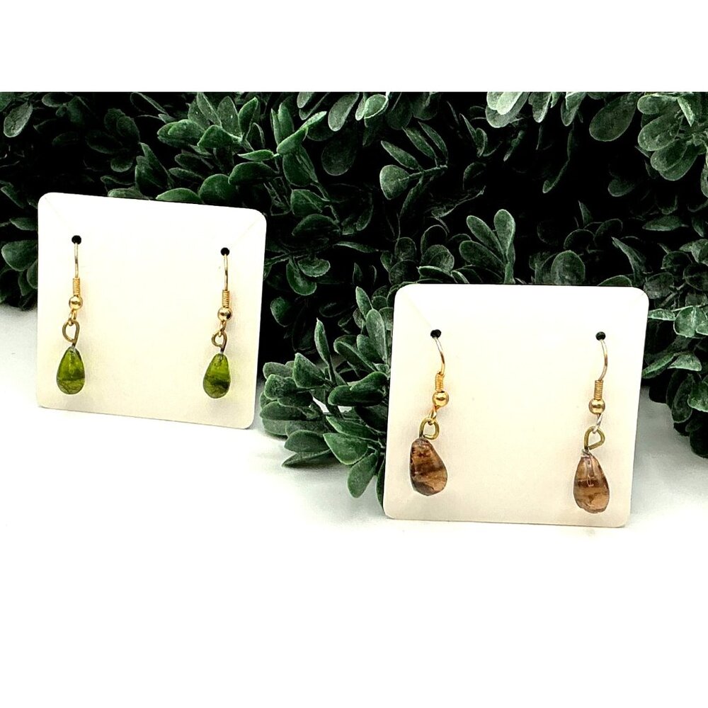 Set Of 2 Pairs Gold Tone Drop Earrings With Green & Brown Glass Teardrops